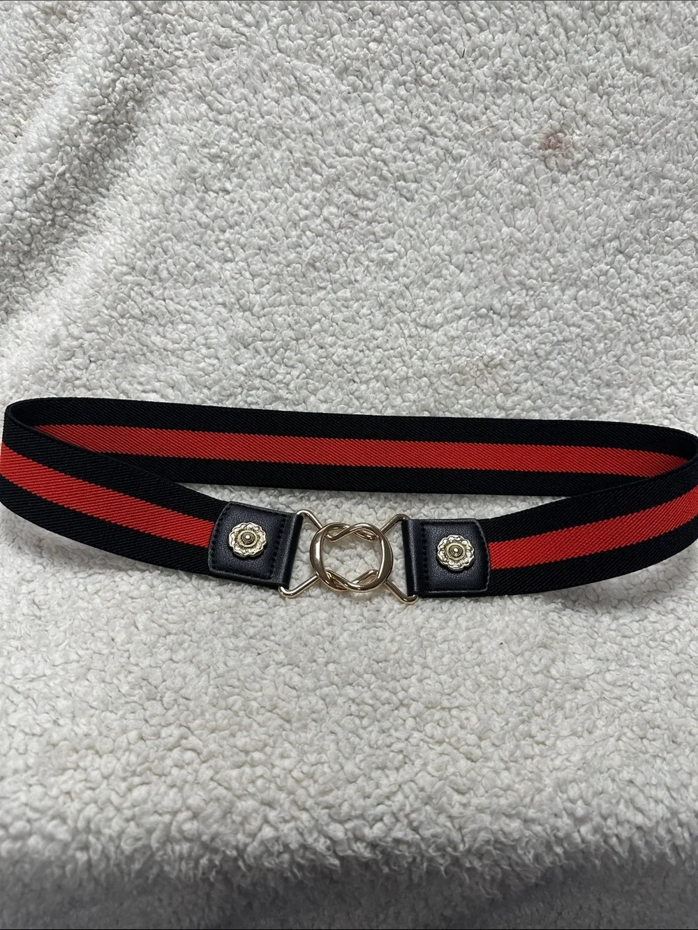 Express Black and Red Stripe Stretchy Waist Belt,Gold Tone Buckle S/M NWOT
